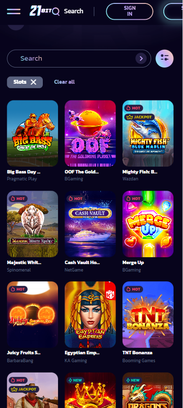 21bit Casino mobile phone games section