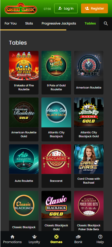 Casino Classic mobile phone table games section view