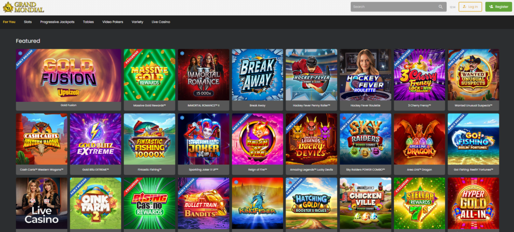 Grand Mondial Casino Computer, Tablet and Laptop home page and games section view