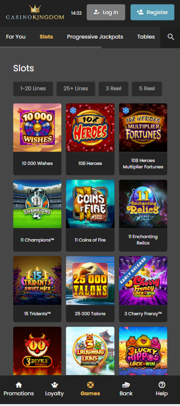 Casino Kingdom mobile phone slots games section view