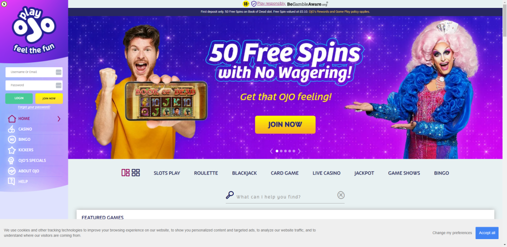 PlayOJO Casino Computer, Tablet and Laptop 50 free spins no wagering view