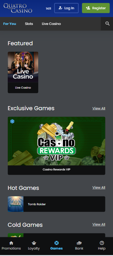 Quatro Casino mobile phone slots home page, live casino section View