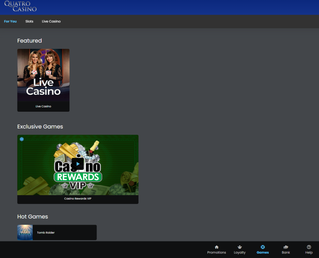 Quatro Casino Computer, Tablet and Laptop live casino section View