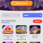 Mobile view of Quick Slot casino website featuring a welcome bonus offer of 200% up to €1,000 with 10% daily cashback. The top section includes a "Register Now" button and "Log In" button. Below, there is a "Recommended" section displaying various slot games including Sweet Bonanza, Gates of Olympus, Starburst, Sugar Rush, Big Bass - Secrets of the Golden Lake, and Lightning Storm, each with associated images and game provider names. The interface also includes a search bar, a "Casino" category selection, and a "See All" button.