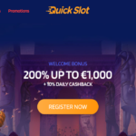 Quick Slot Casino homepage featuring various game characters and a welcome bonus offer of 200% up to €1,000 with 10% daily cashback.