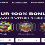 BitcoinCasino.io website banner promoting a 100% bonus with withdrawals within 5 minutes, featuring characters named Braverus, Tusk, Stormborn, and Hanzo