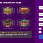 BitcoinCasino.io registration page with character selection, including Braverus, Tusk, Stormborn, Hanzo, Amaryllis, Snatcher, Old Jack, and Feather, along with a form to fill in user information