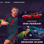 Powbet promotion page highlighting a first deposit bonus of 100% up to €100, with additional offers like winning a Ferrari, sport tournament rewards, and team collection bonuses. The page features dynamic visuals of sports and gaming elements to engage players