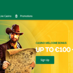 Qbet Casino homepage featuring promotional banner for a welcome bonus of up to €100 and 100 free spins with sign-up option