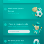 Spinoli Casino mobile view showing bonus selection options including Welcome Casino Package, Welcome Sports Bonus, coupon code entry, and no bonus option