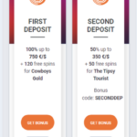 TonyBet Casino mobile view displaying first and second deposit bonuses with promotional details