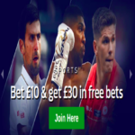 William Hill mobile advertisement featuring sports personalities and a promotional offer: 'Bet £10 & get £30 in free bets' with instructions for new customers using the promo code P30