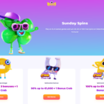 7Signs Sunday Spins promotion page featuring a colorful background, a balloon character with sunglasses and a hat, and bonus offers, including up to €1,000 and 250 free spins with bonus crabs.