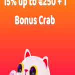 Mobile screenshot showing a welcome bonus offer of 15% up to €250 and 1 Bonus Crab, with a waving cat figure on a vibrant orange and red background