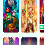 Mobile casino game selection featuring new slot titles like Aqua Mania and Aphrodite Goes Wild, with vibrant animated character art from Neon 54