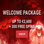 Cobra Casino mobile interface showcasing a welcome package offer of up to €2,600 and 300 free spins. The design features a striking red background with a cobra motif and easy navigation buttons for login, sign up, sports, games, and chat