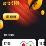 "Mobile screenshot of FEZbet showcasing a 100% sports first deposit bonus up to €100, with a Get Bonus button and top event listings for UEFA Europa League matches