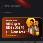 FEZbet sign-up page with steps to create an account, including entering an email, setting login details, confirming the account, and receiving a bonus offer of 100% up to €500, 200 free spins, and 1 Bonus Crab, with an event listing for UEFA Europa League matches below