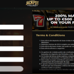 Jackpot Village sign-up page with fields for first name, last name, email, and phone number, alongside a 200% match bonus offer up to €500 with 50 free spins and the terms and conditions displayed