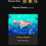 Mobile screenshot of Jackpot Village showing game categories including Must Go Jackpots, Table Games, and Blackjack, followed by a list of popular games like '6 Pure Pearls' from Blue Ring Studios