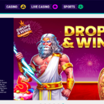 Karamba online casino promotion page highlighting a 'Drops & Wins' event with €2,000,000 in prizes every month. The page features vibrant graphics of mythological characters and a prominent 'Register' button, inviting players to participate in the ongoing promotions