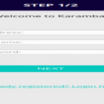 Karamba sign-up page featuring a form with fields for email address, username, and password, with a 'Next' button for continuing the registration process. The design is simple and user-friendly, providing a quick start for new users