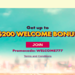 777 Casino promotional banner offering up to a $200 welcome bonus with a 'Join' button and promocode WELCOME777, set against a dreamy Las Vegas-inspired background with palm trees and neon signs