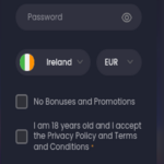 Bitkingz casino mobile sign-up form with fields for email, password, country selection (Ireland), currency (EUR), checkboxes for bonuses, age confirmation, and a bonus code option, along with a green 'Join' button at the bottom