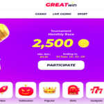 GreatWin Casino promotional banner for a Monthly Race tournament with a prize pool of 2,500 coins. The image features a playful penguin character and an animated warrior, with a variety of game categories displayed below