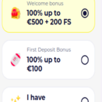 Screenshot of a casino registration screen showing four options for a welcome bonus: 100% up to €500 + 200 Free Spins, 100% up to €100, an option to enter a promo code, and an option to continue without a bonus