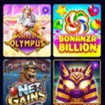 Screenshot of a casino game selection screen showing various slot games, including Gates of Olympus, Bonanza Billion, Net Gains, Book of Cats, and others, with navigation options for Top, Slots, and Mystery Jackpot at the top